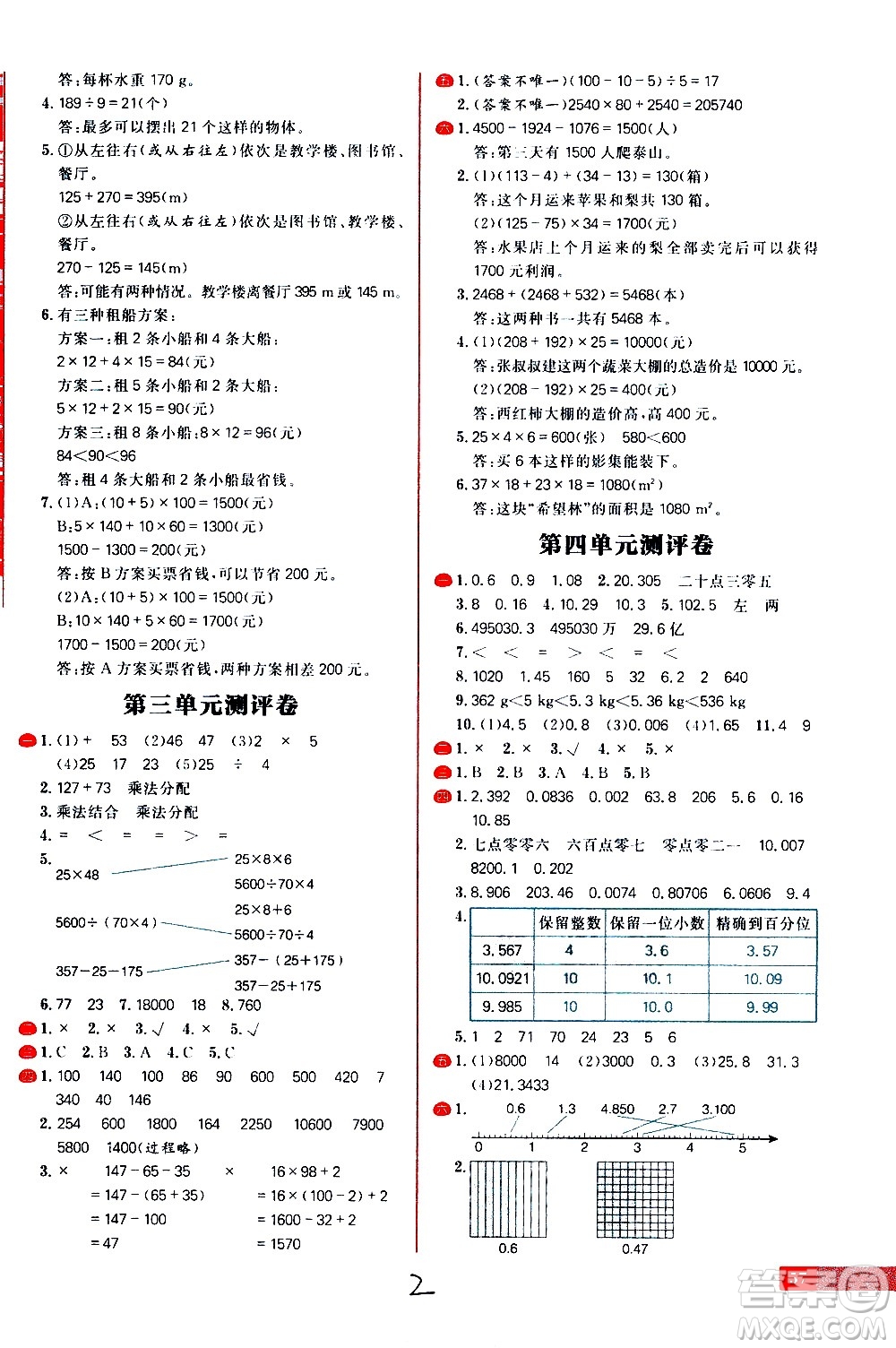 延邊大學(xué)出版社2021春陽(yáng)光計(jì)劃小學(xué)試卷數(shù)學(xué)四年級(jí)下冊(cè)RJ人教版答案