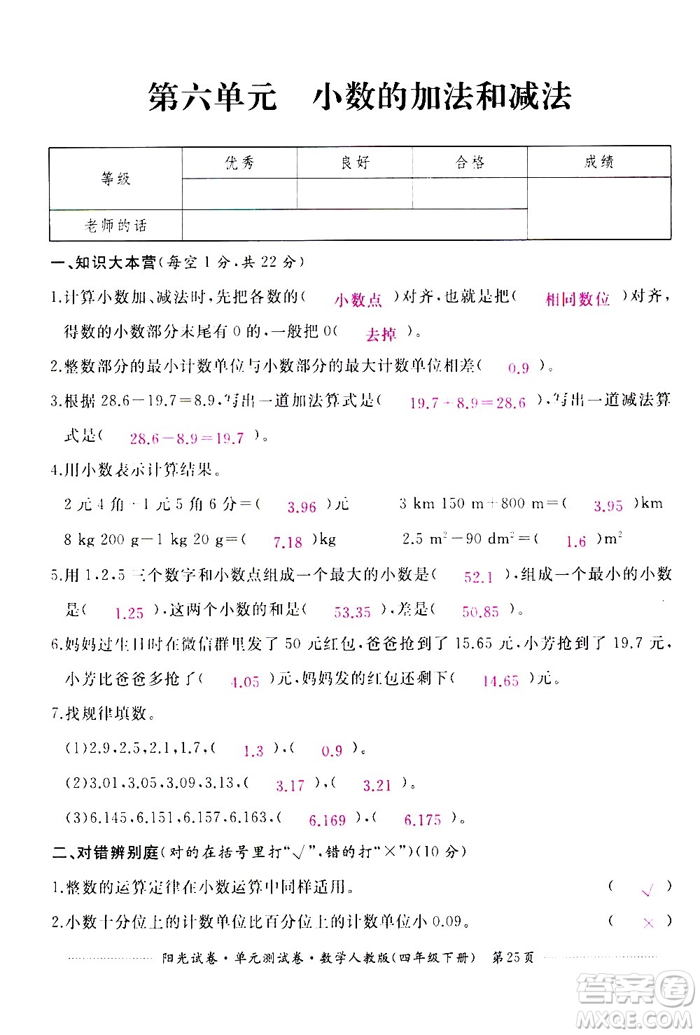 江西高校出版社2021陽(yáng)光試卷單元測(cè)試卷數(shù)學(xué)四年級(jí)下冊(cè)人教版答案