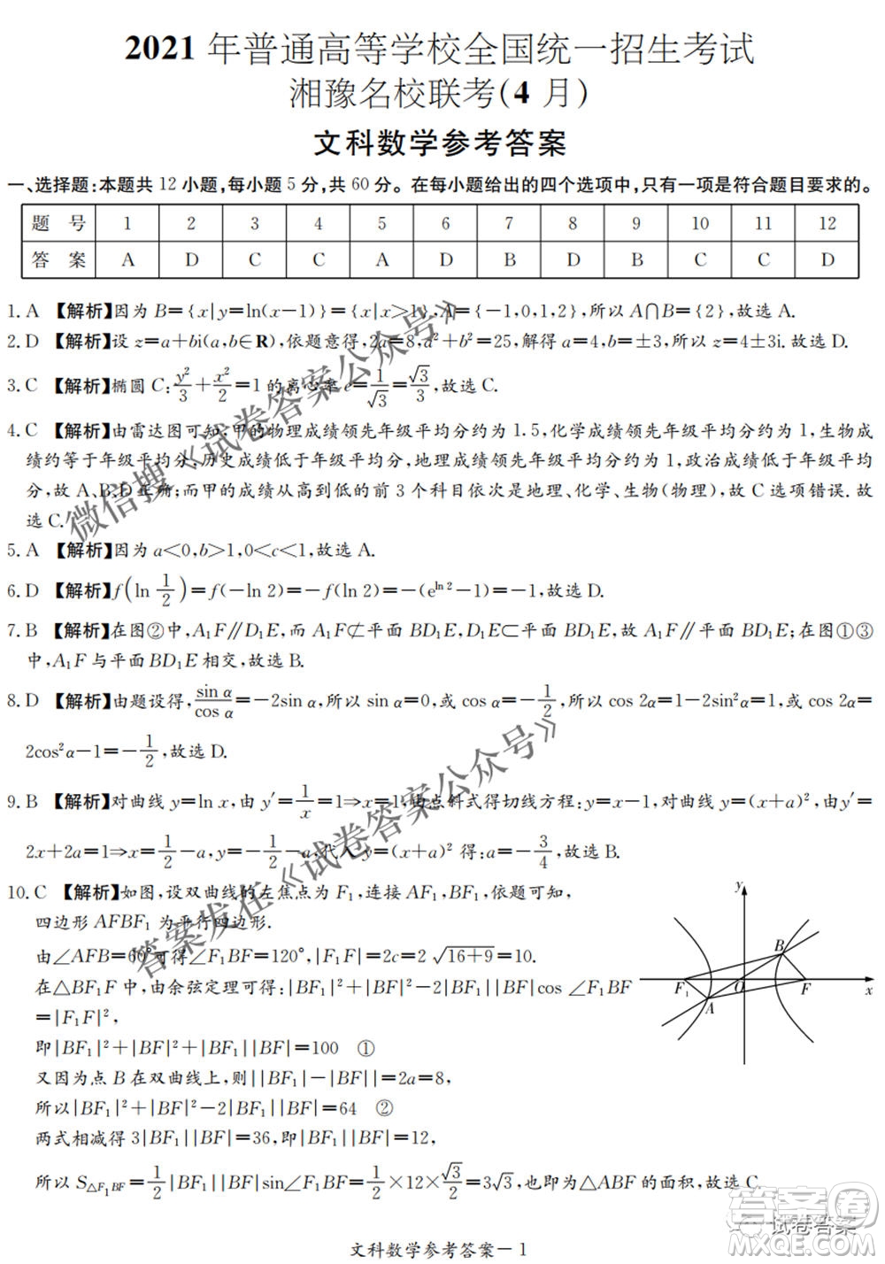 2021年湘豫名校聯(lián)考4月考試高三文科數(shù)學(xué)試題及答案