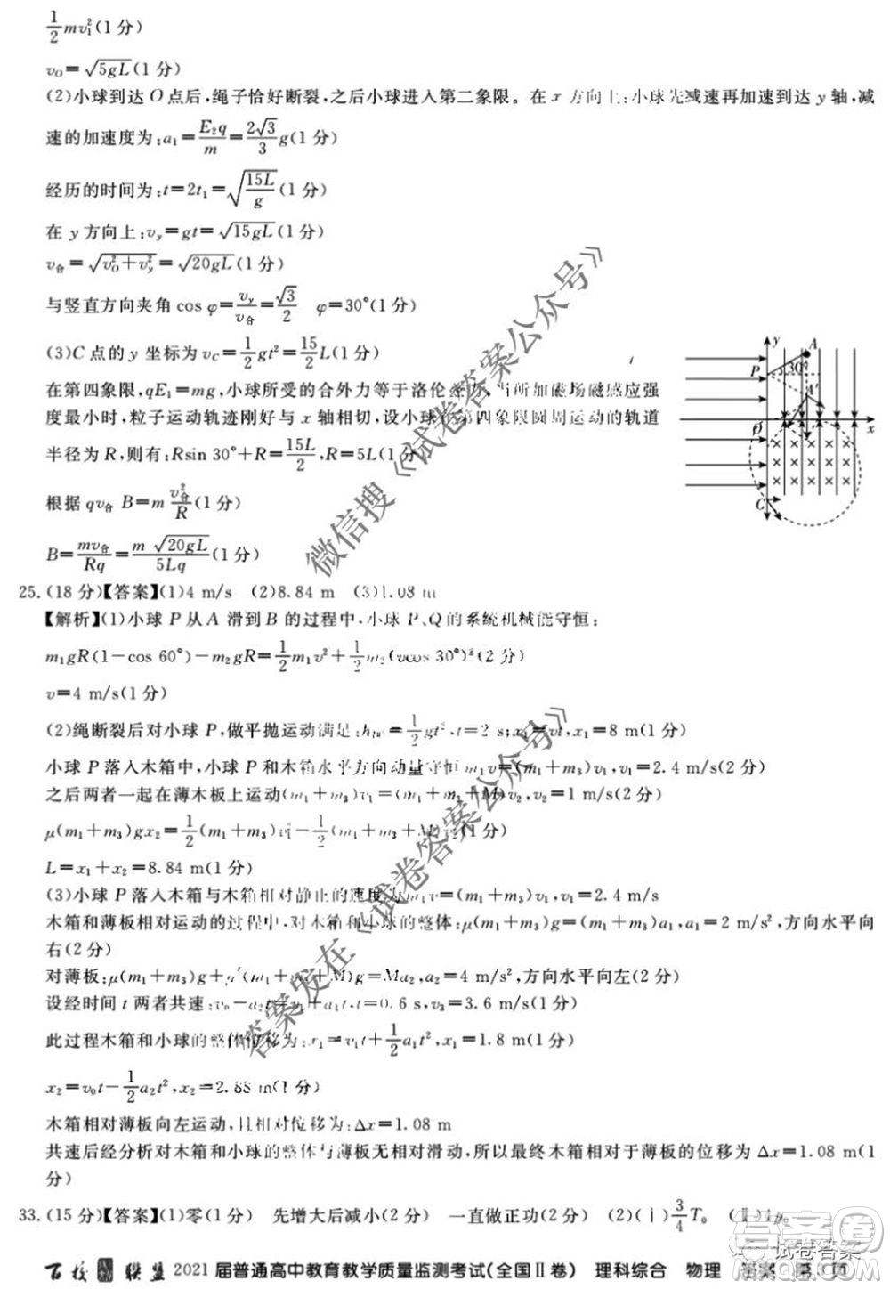 百校聯(lián)盟2021屆普通高中教育教學質量監(jiān)測4月考試全國II卷理科綜合物理答案