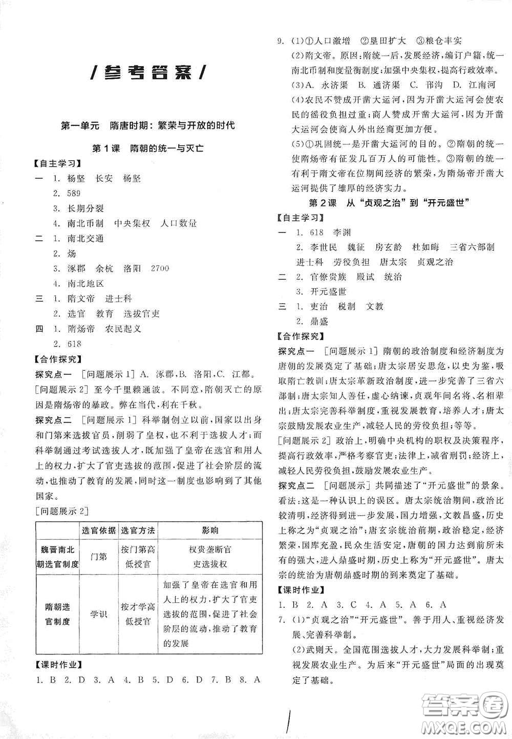 陽光出版社2021春全品學(xué)練考七年級中國歷史下冊新課標人教版江西省專用答案