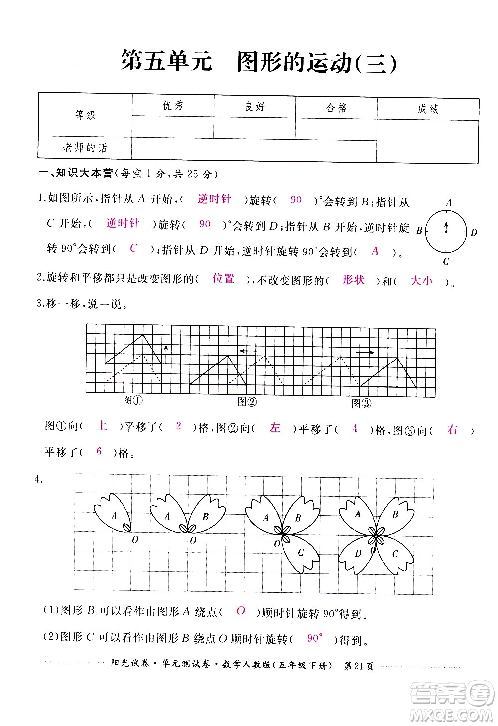 江西高校出版社2021陽光試卷單元測試卷數(shù)學(xué)五年級下冊人教版答案