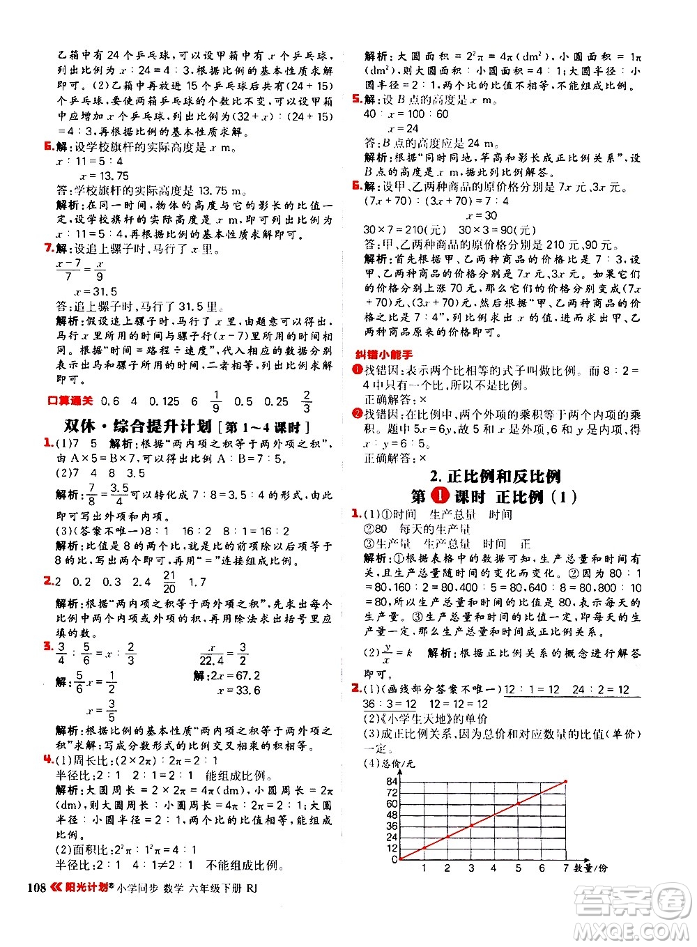 延邊大學(xué)出版社2021春陽光計(jì)劃小學(xué)同步數(shù)學(xué)六年級下冊RJ人教版答案