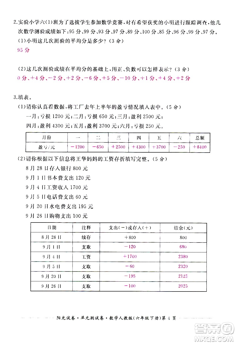 江西高校出版社2021陽光試卷單元測(cè)試卷數(shù)學(xué)六年級(jí)下冊(cè)人教版答案