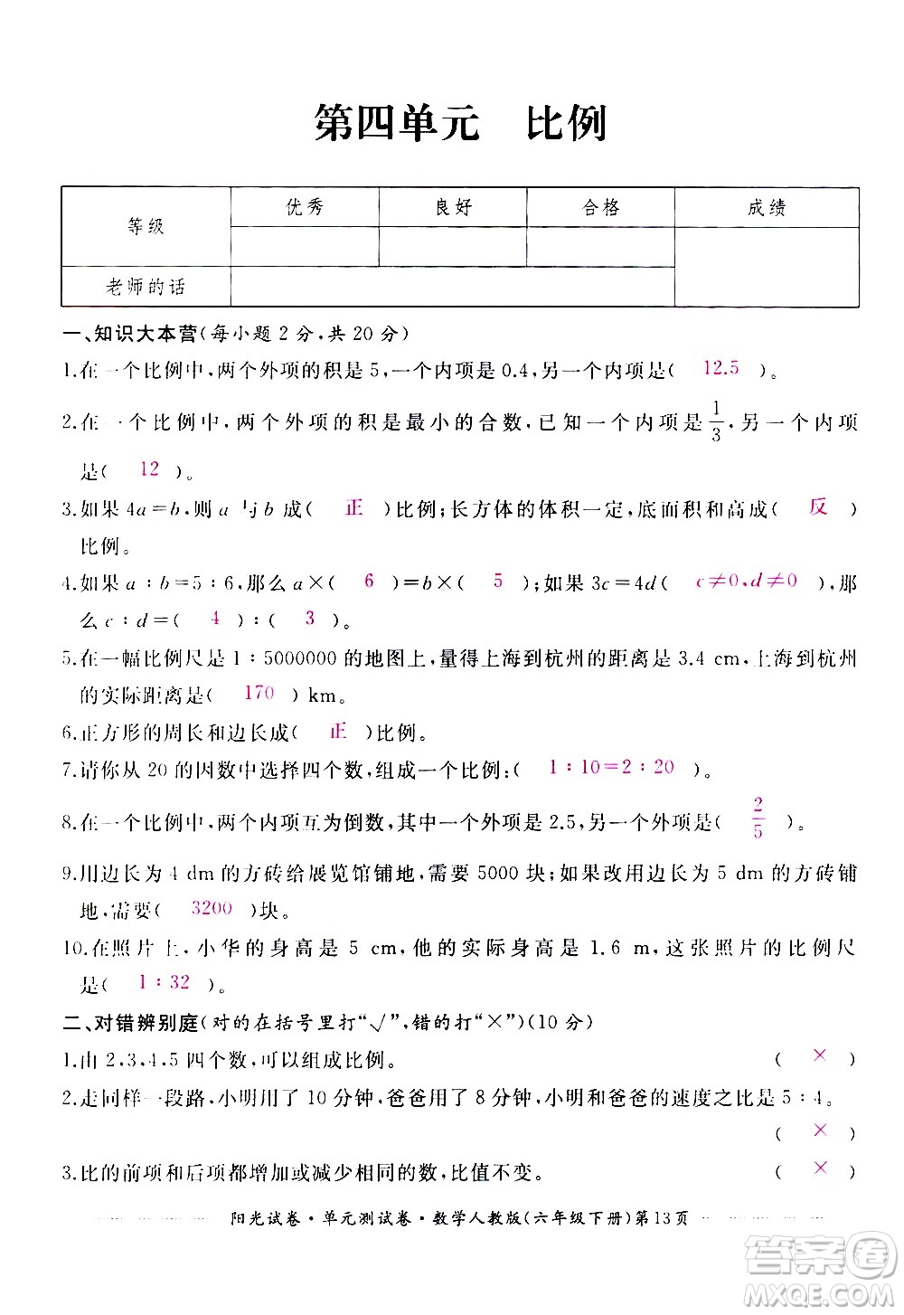 江西高校出版社2021陽光試卷單元測試卷數(shù)學(xué)六年級下冊人教版答案