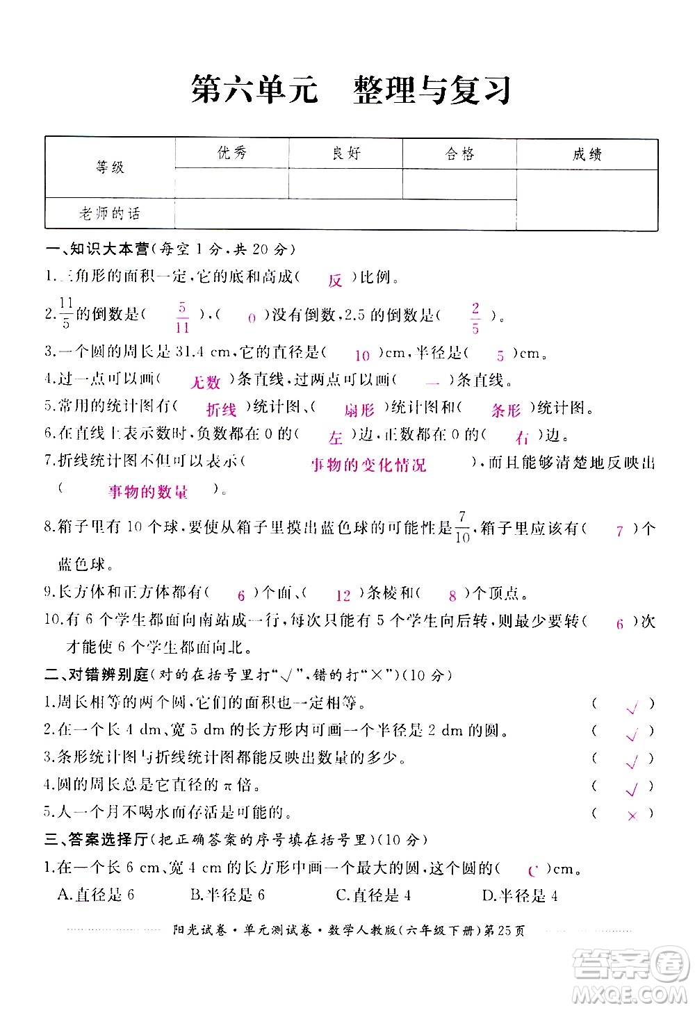 江西高校出版社2021陽光試卷單元測試卷數(shù)學(xué)六年級下冊人教版答案