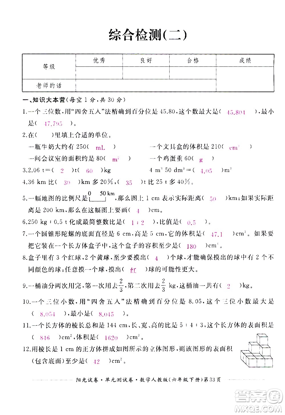 江西高校出版社2021陽光試卷單元測試卷數(shù)學(xué)六年級下冊人教版答案