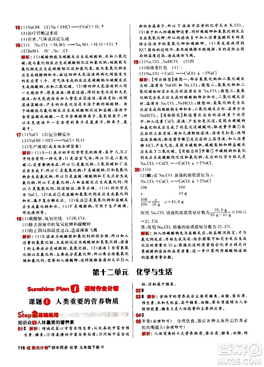 黑龍江教育出版社2021春陽光計(jì)劃初中同步化學(xué)九年級下冊R人教版答案