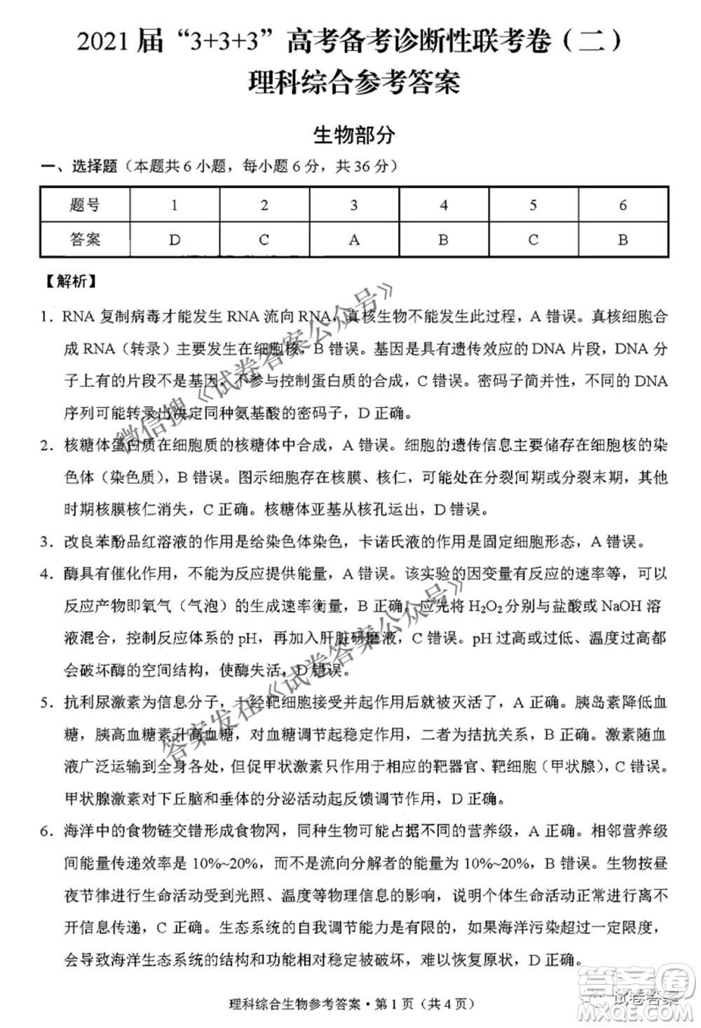 2021屆3+3+3高考備考診斷性聯(lián)考卷二理科綜合答案