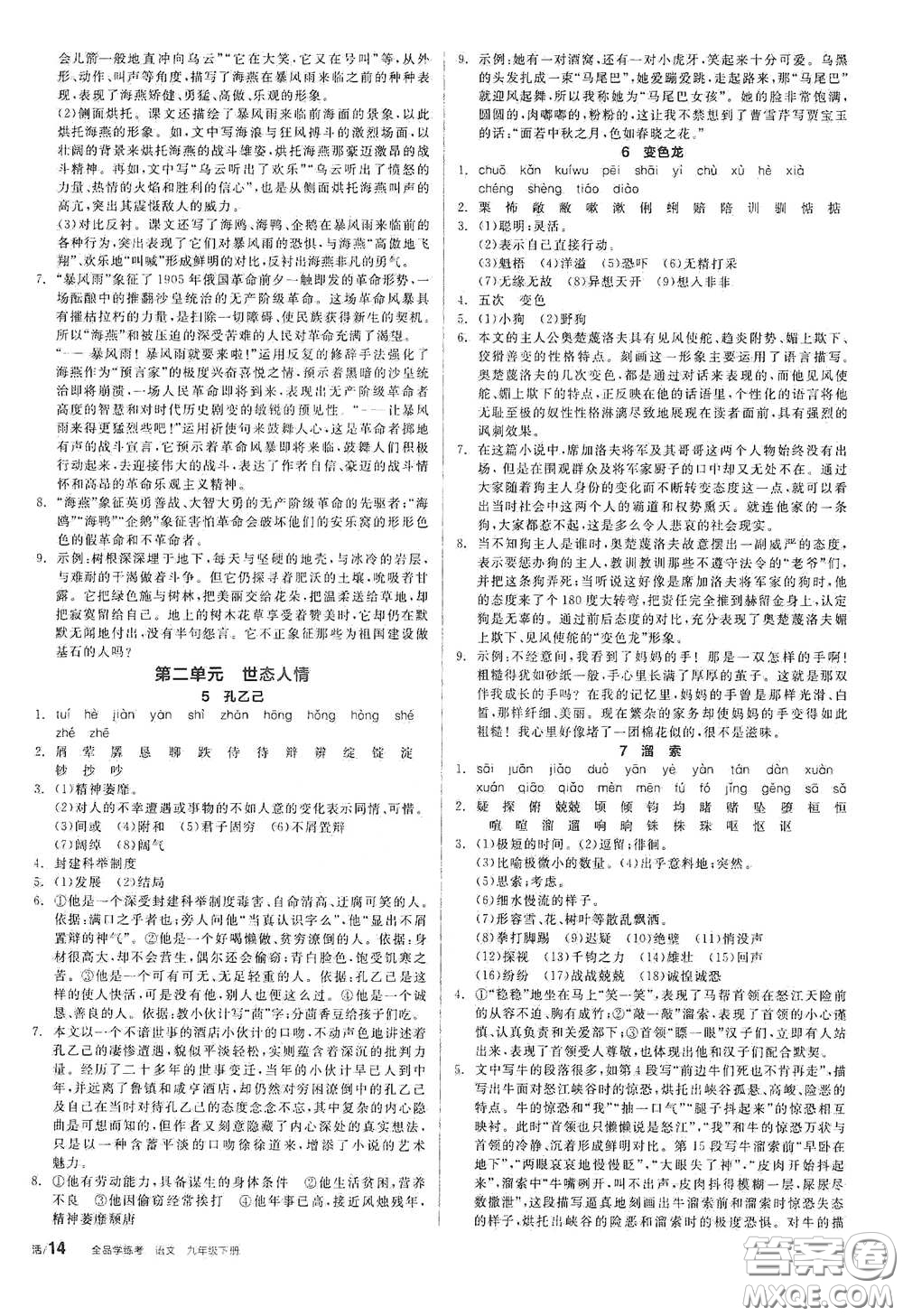 陽光出版社2021全品學(xué)練考九年級語文下冊新課標(biāo)人教版答案