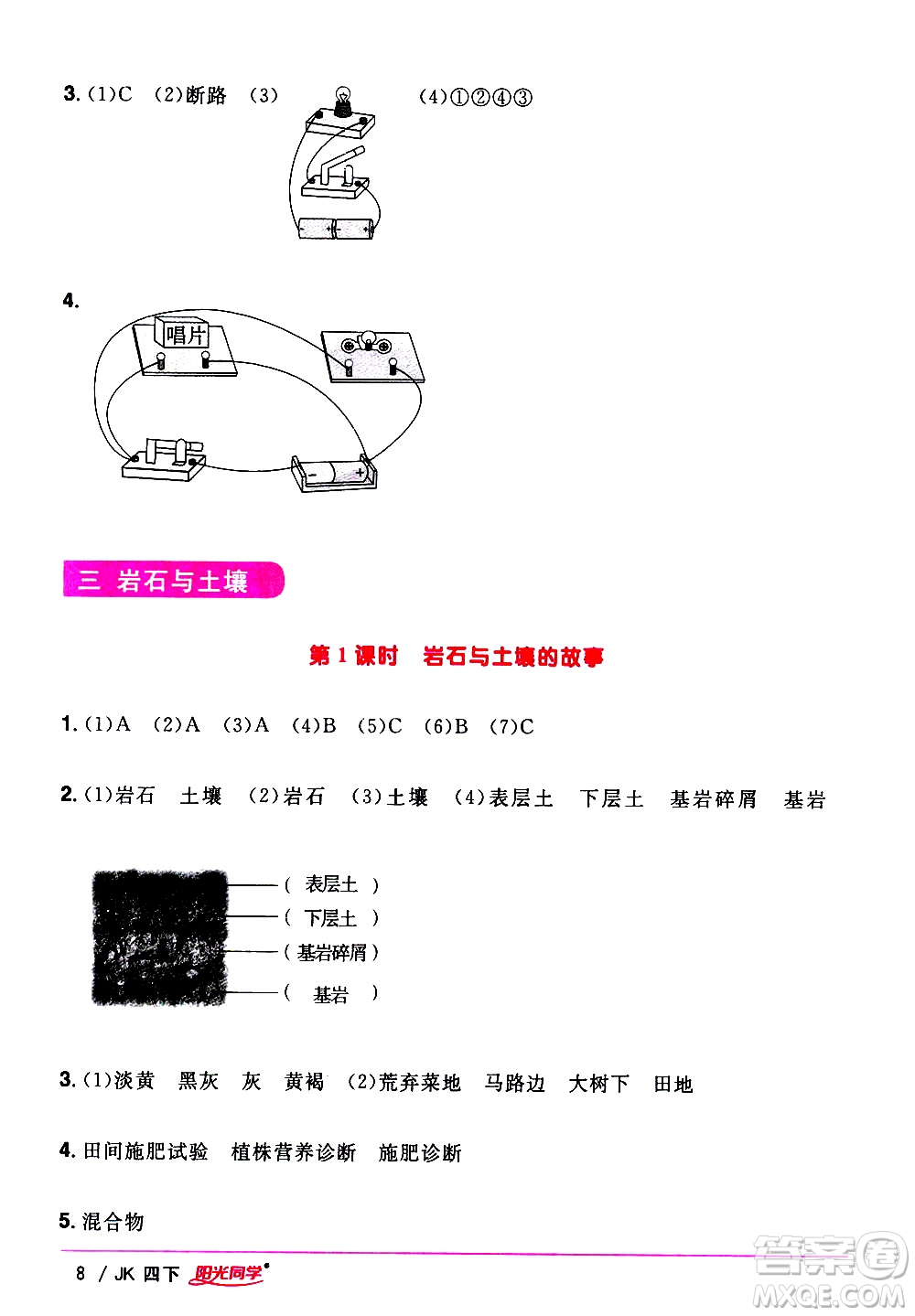 江西教育出版社2021陽(yáng)光同學(xué)課時(shí)優(yōu)化作業(yè)科學(xué)四年級(jí)下冊(cè)JK教科版答案