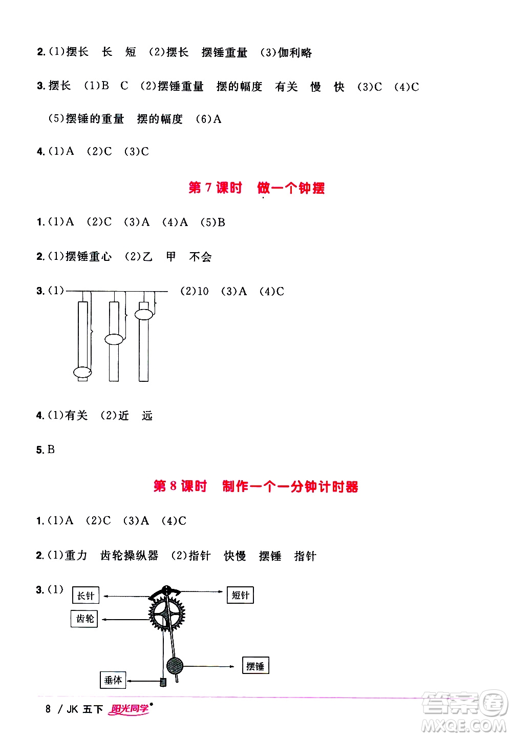 江西教育出版社2021陽光同學課時優(yōu)化作業(yè)科學五年級下冊JK教科版答案