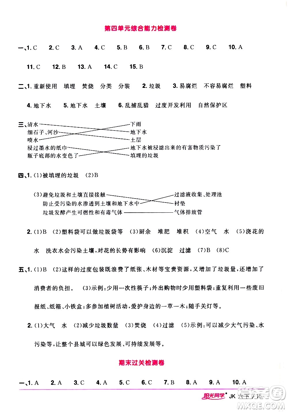 江西教育出版社2021陽光同學(xué)課時優(yōu)化作業(yè)科學(xué)六年級下冊JK教科版答案