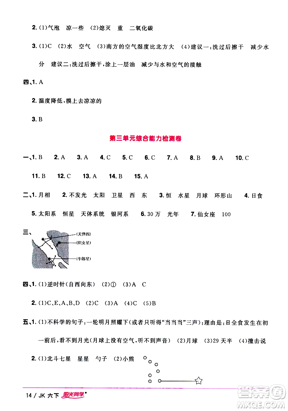 江西教育出版社2021陽光同學(xué)課時優(yōu)化作業(yè)科學(xué)六年級下冊JK教科版答案