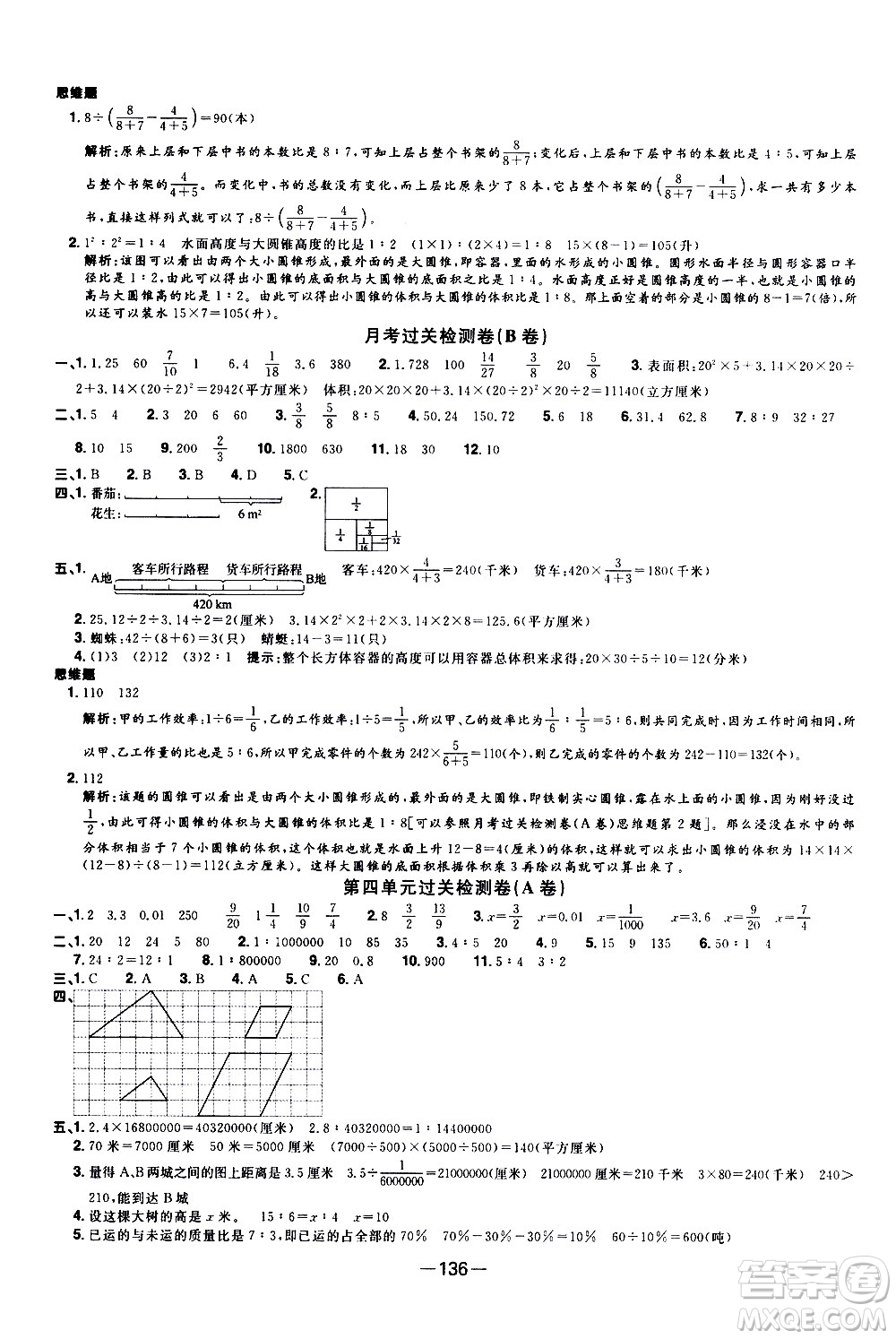 江西教育出版社2021陽光同學一線名師全優(yōu)好卷數(shù)學六年級下冊SJ蘇教版答案