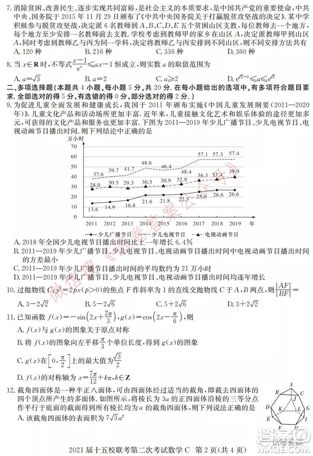 2021屆長郡十五校高三聯(lián)考第二次考試數(shù)學(xué)試卷及答案