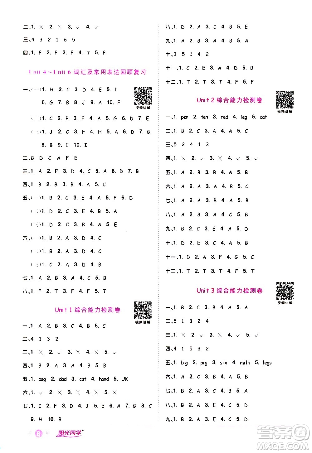 浙江教育出版社2021陽光同學(xué)課時達(dá)標(biāo)訓(xùn)練英語三年級下冊PEP人教版浙江專版答案