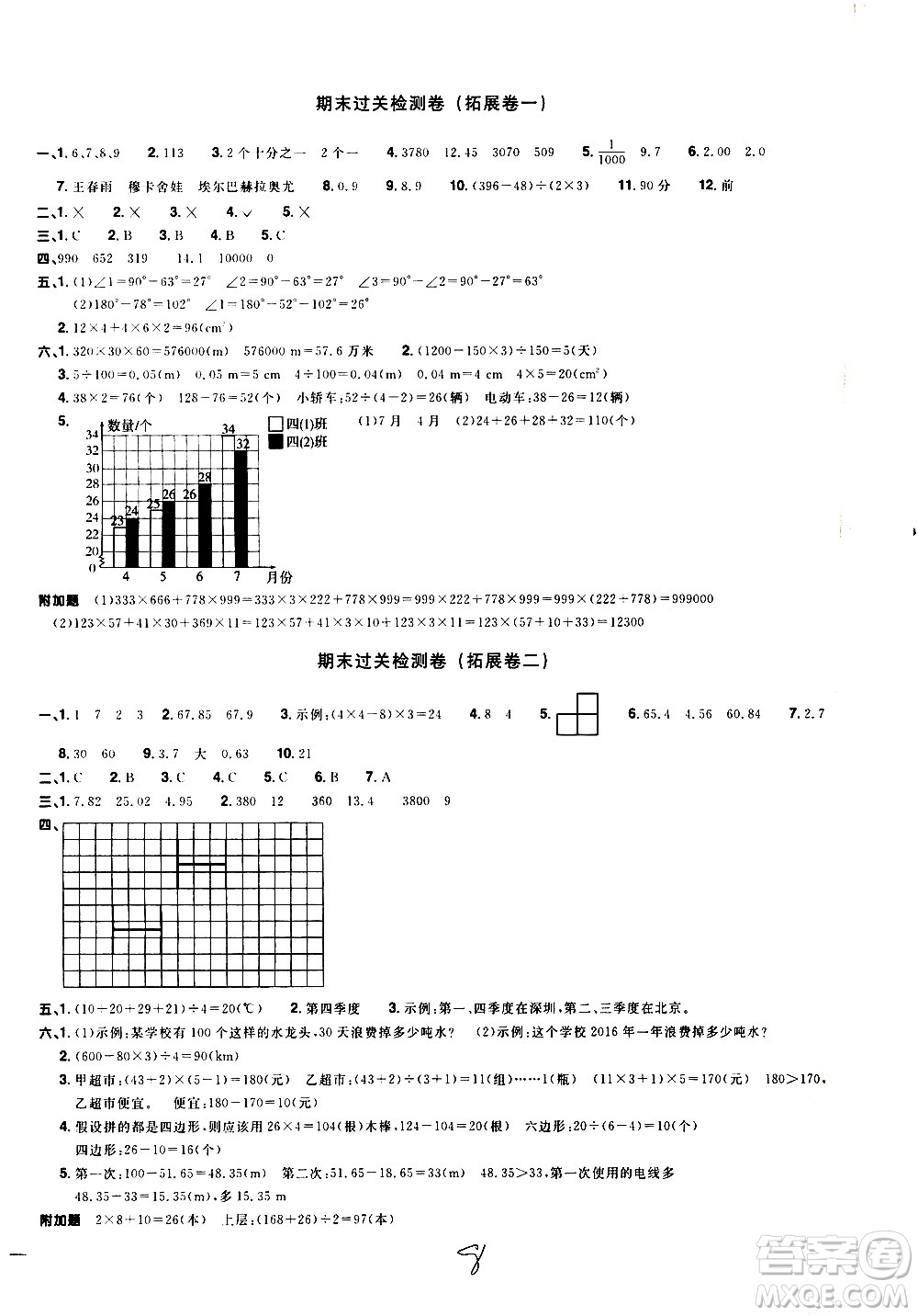 浙江教育出版社2021陽光同學(xué)全優(yōu)達(dá)標(biāo)好卷數(shù)學(xué)四年級下冊R人教版浙江專版答案