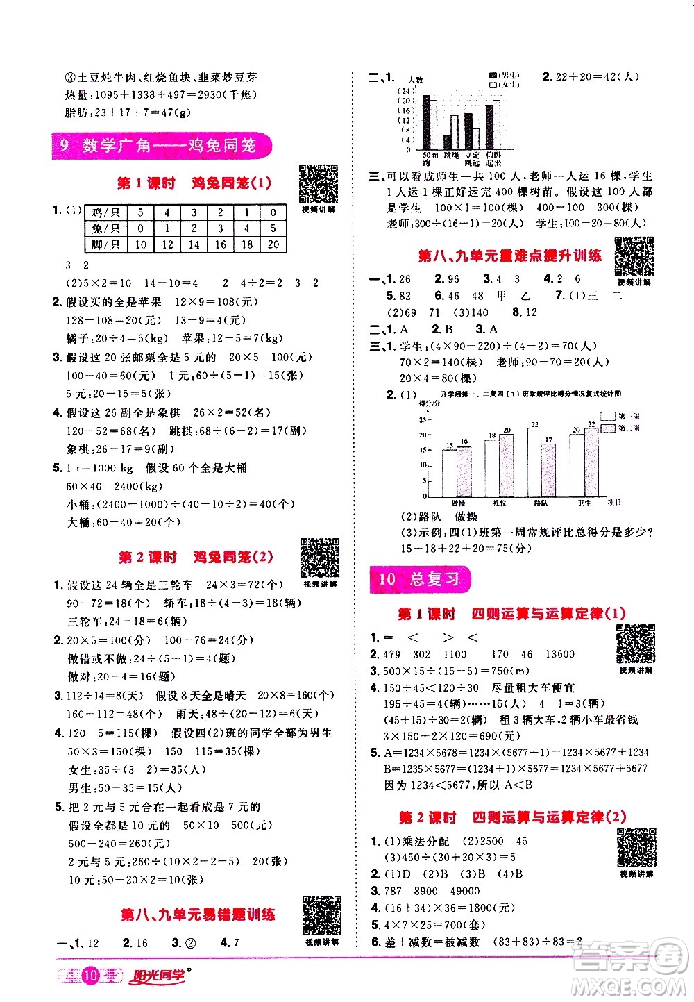 浙江教育出版社2021陽光同學(xué)課時達標訓(xùn)練數(shù)學(xué)四年級下冊R人教版浙江專版答案