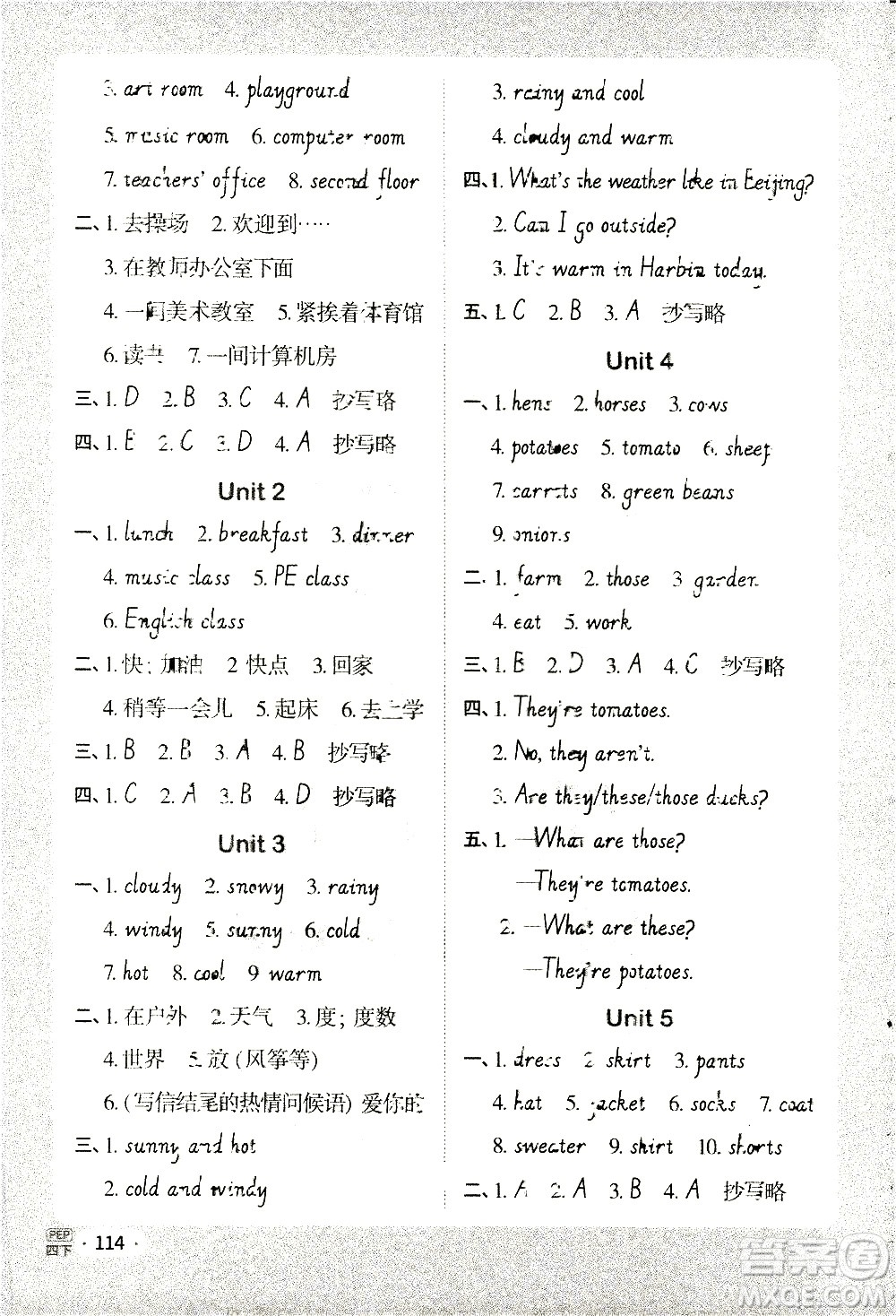 江西教育出版社2021陽(yáng)光同學(xué)默寫(xiě)小達(dá)人英語(yǔ)四年級(jí)下冊(cè)PEP人教版答案