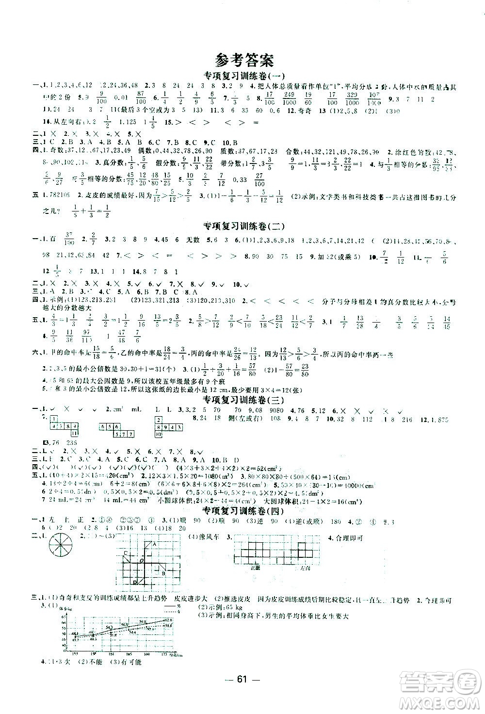 江西教育出版社2021陽光同學(xué)期末復(fù)習(xí)15天沖刺100分數(shù)學(xué)五年級下冊RJ人教版答案