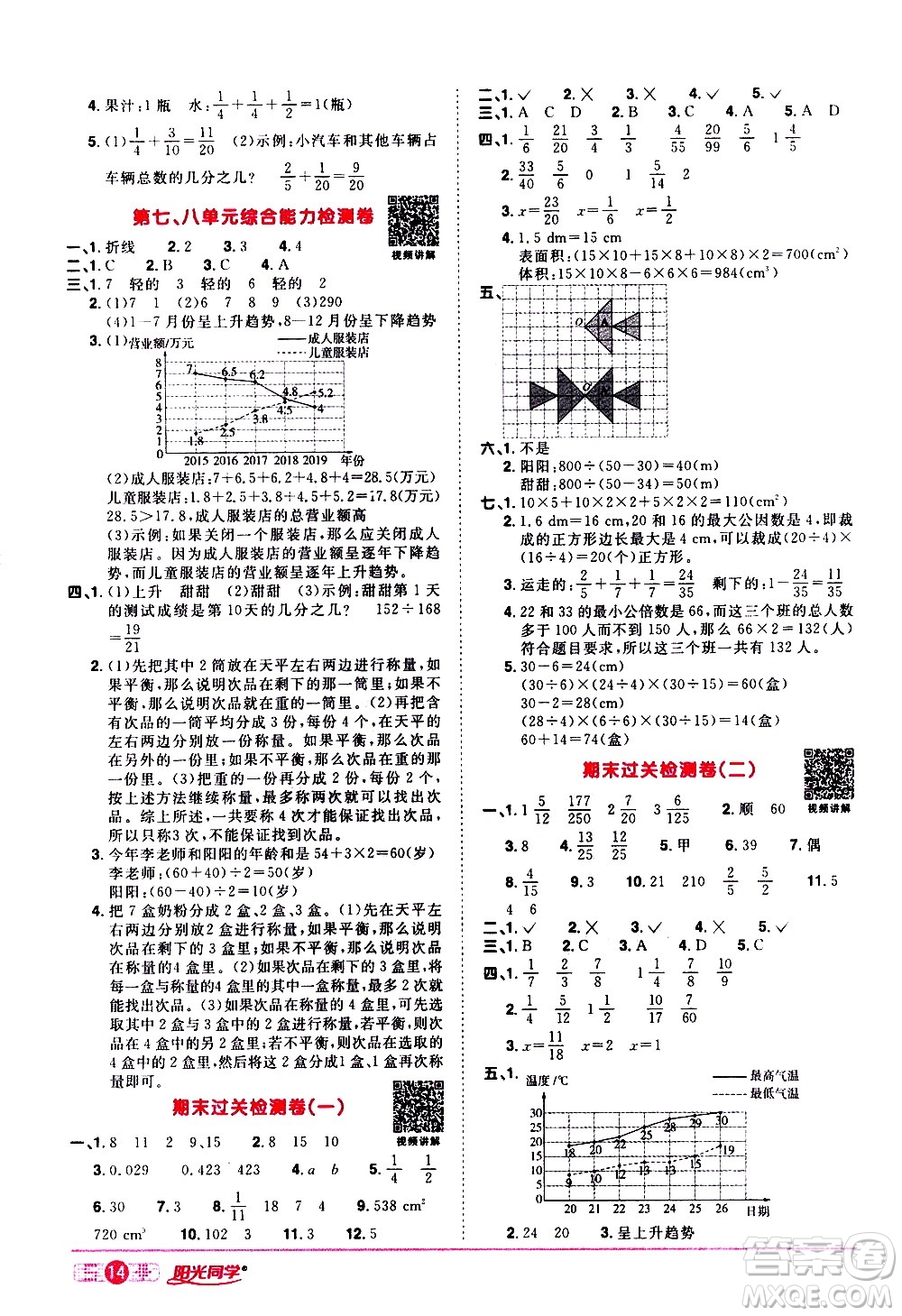 浙江教育出版社2021陽光同學(xué)課時達(dá)標(biāo)訓(xùn)練數(shù)學(xué)五年級下冊R人教版浙江專版答案