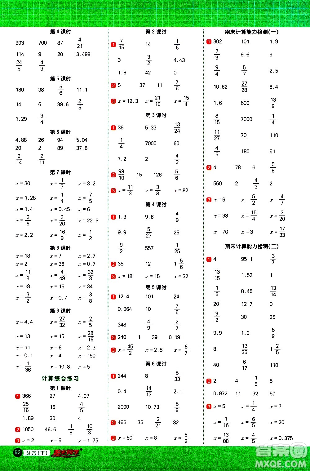 江西教育出版社2021陽光同學(xué)計(jì)算小達(dá)人數(shù)學(xué)六年級下冊SJ蘇教版答案