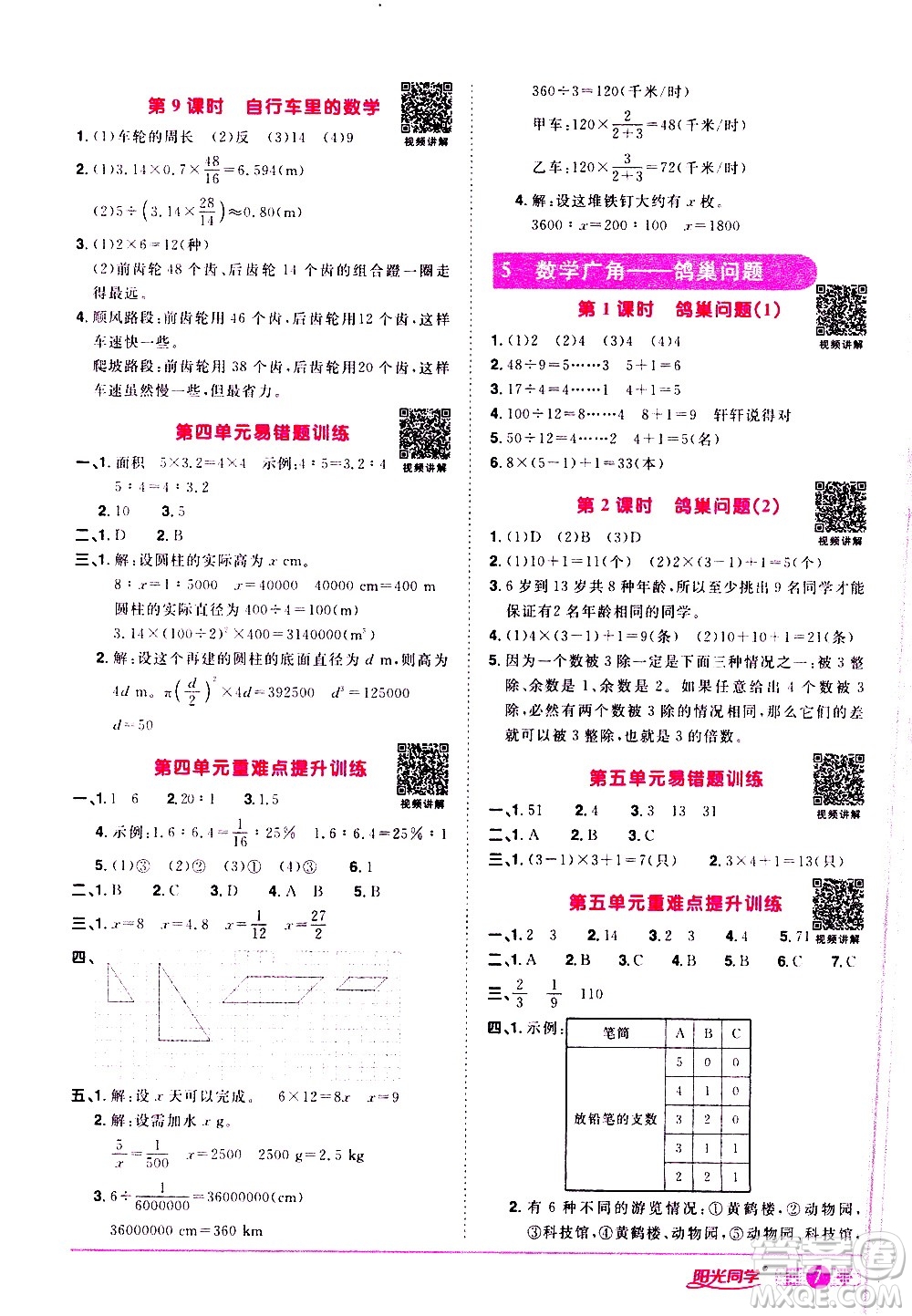 浙江教育出版社2021陽光同學(xué)課時(shí)達(dá)標(biāo)訓(xùn)練數(shù)學(xué)六年級(jí)下冊(cè)R人教版浙江專版答案