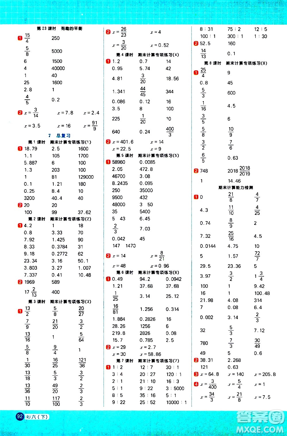 江西教育出版社2021陽(yáng)光同學(xué)計(jì)算小達(dá)人數(shù)學(xué)六年級(jí)下冊(cè)RJ人教版答案