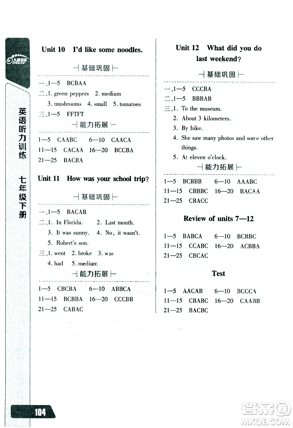 崇文書局2021長江全能學(xué)案英語聽力訓(xùn)練七年級下冊人教版答案