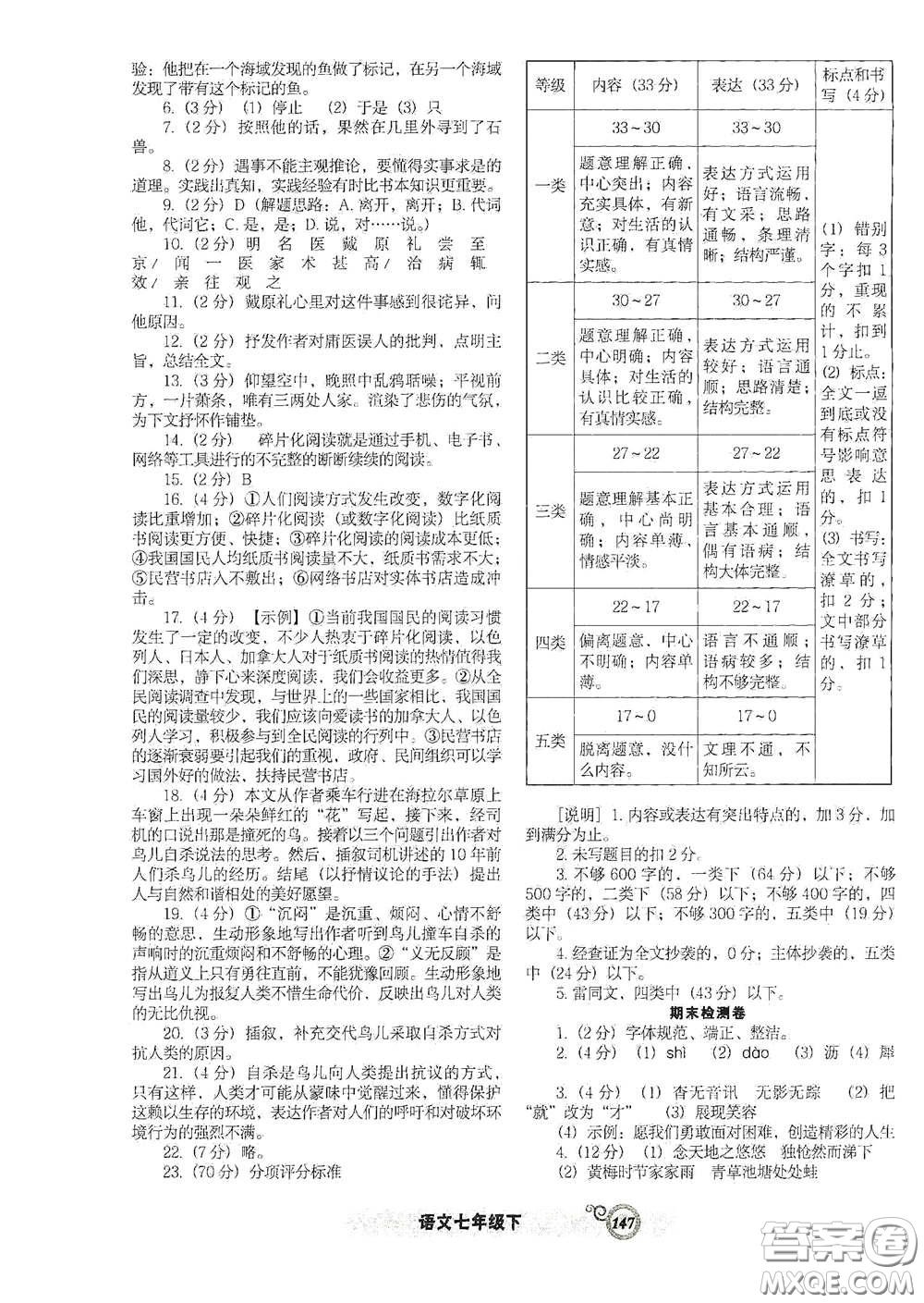 遼寧教育出版社2021尖子生新課堂課時作業(yè)七年級語文下冊人教版答案