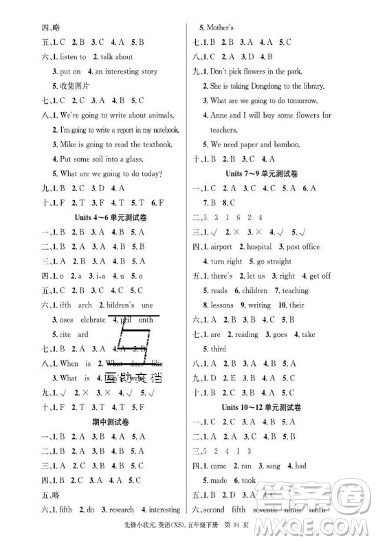 新世紀(jì)出版社2021先鋒小狀元英語(yǔ)五年級(jí)下冊(cè)XS湘少版答案