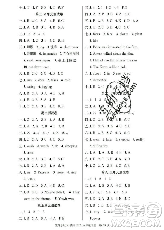 新世紀(jì)出版社2021先鋒小狀元英語(yǔ)六年級(jí)下冊(cè)XS湘少版答案