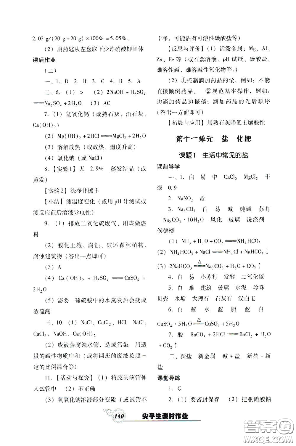 遼寧教育出版社2021尖子生新課堂課時(shí)作業(yè)九年級化學(xué)下冊人教版答案