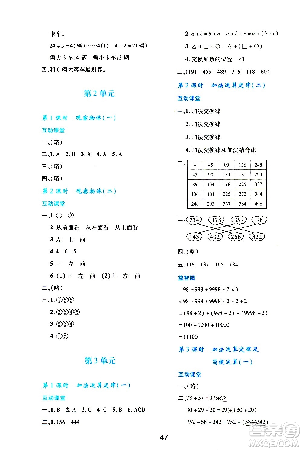 陜西人民教育出版社2021新課程學(xué)習(xí)與評(píng)價(jià)四年級(jí)數(shù)學(xué)下A人教版答案