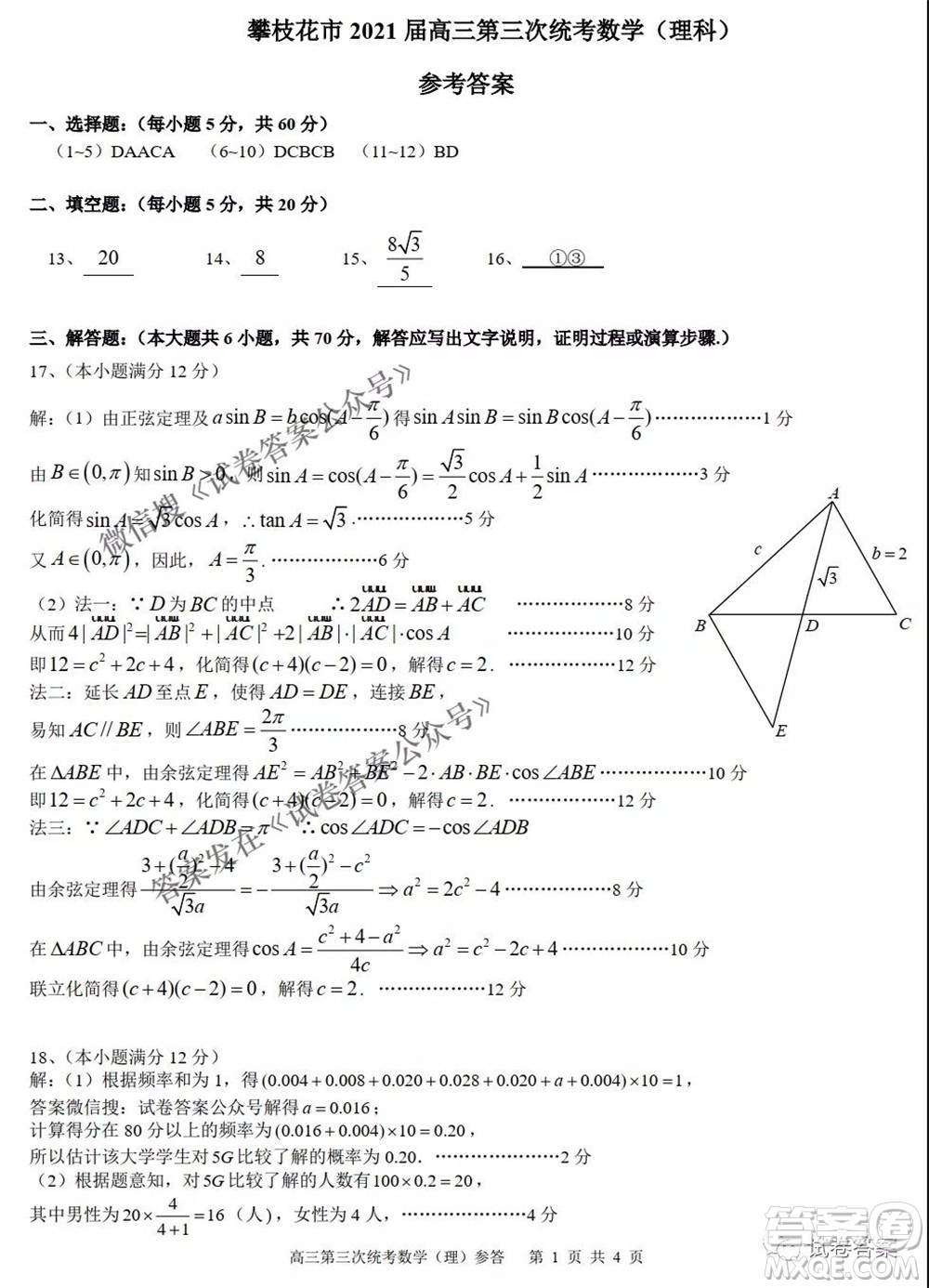 攀枝花市2021屆高三第三次統(tǒng)一考試?yán)砜茢?shù)學(xué)試題及答案