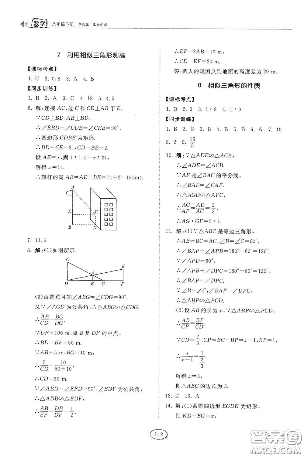 山東科學(xué)技術(shù)出版社2021初中同步練習(xí)冊(cè)八年級(jí)數(shù)學(xué)下冊(cè)魯教版五四學(xué)制答案