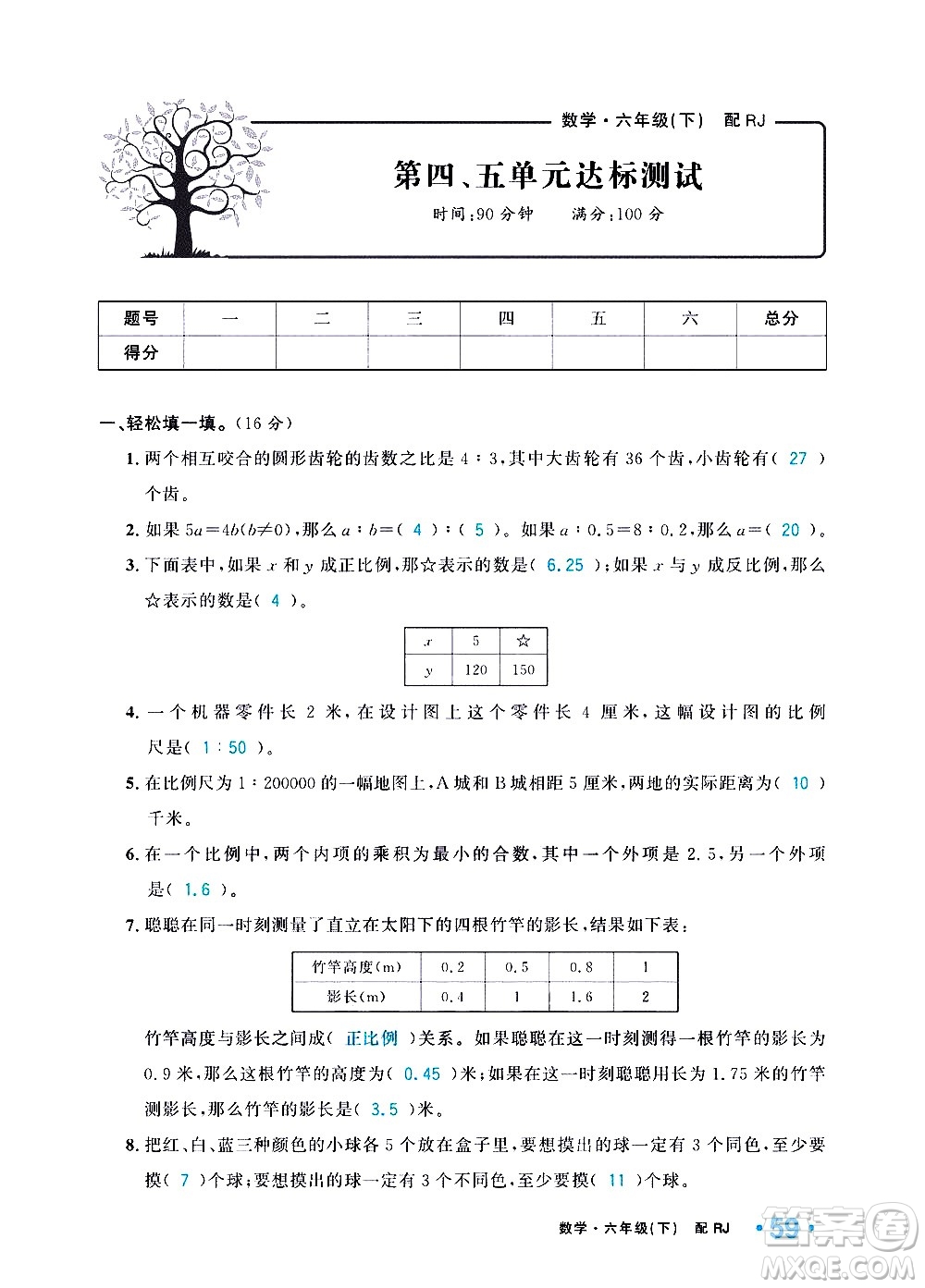 新疆青少年出版社2021小學(xué)一課一練課時達(dá)標(biāo)數(shù)學(xué)六年級下冊RJ人教版答案