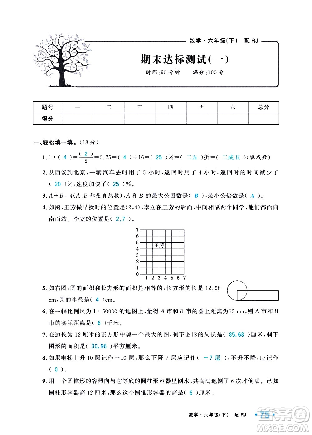 新疆青少年出版社2021小學(xué)一課一練課時達(dá)標(biāo)數(shù)學(xué)六年級下冊RJ人教版答案