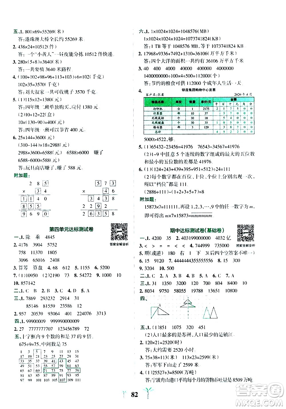 陜西師范大學(xué)出版總社有限公司2021小學(xué)學(xué)霸沖A卷數(shù)學(xué)四年級下冊SJ蘇教版答案