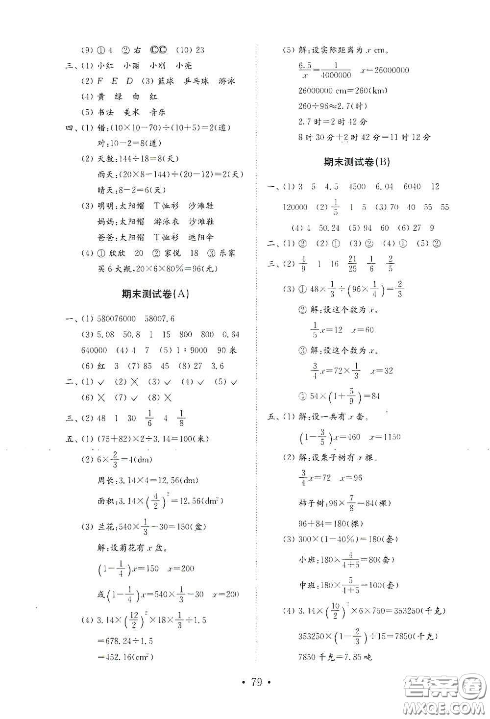 山東教育出版社2021小學(xué)數(shù)學(xué)試卷金鑰匙六年級(jí)下冊(cè)人教版答案