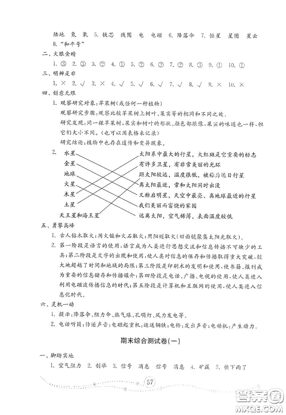 山東教育出版社2021小學(xué)科學(xué)試卷金鑰匙六年級(jí)下冊(cè)答案