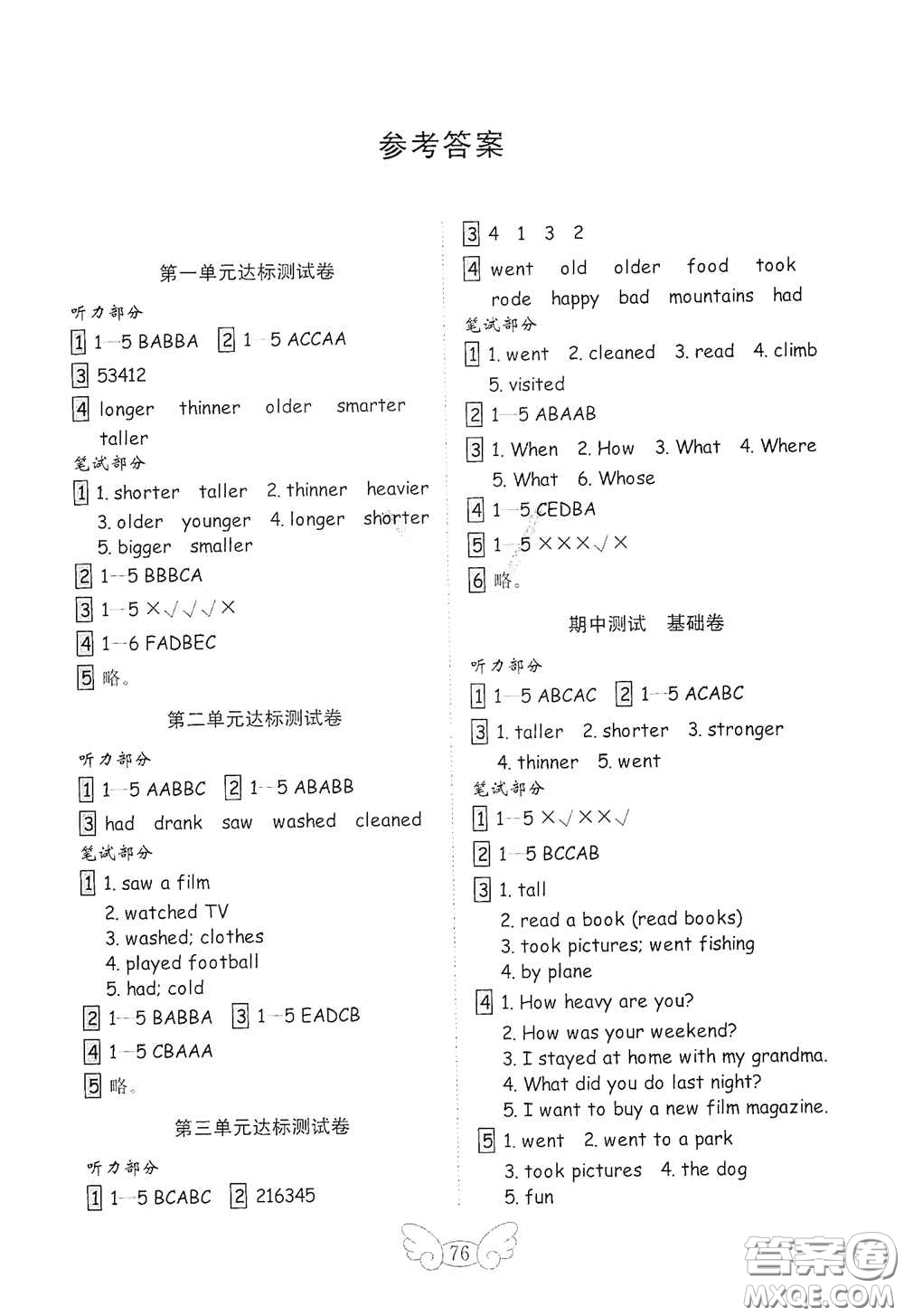 山東教育出版社2021小學(xué)英語(yǔ)試卷金鑰匙六年級(jí)下冊(cè)人教版PEP三年級(jí)起點(diǎn)答案