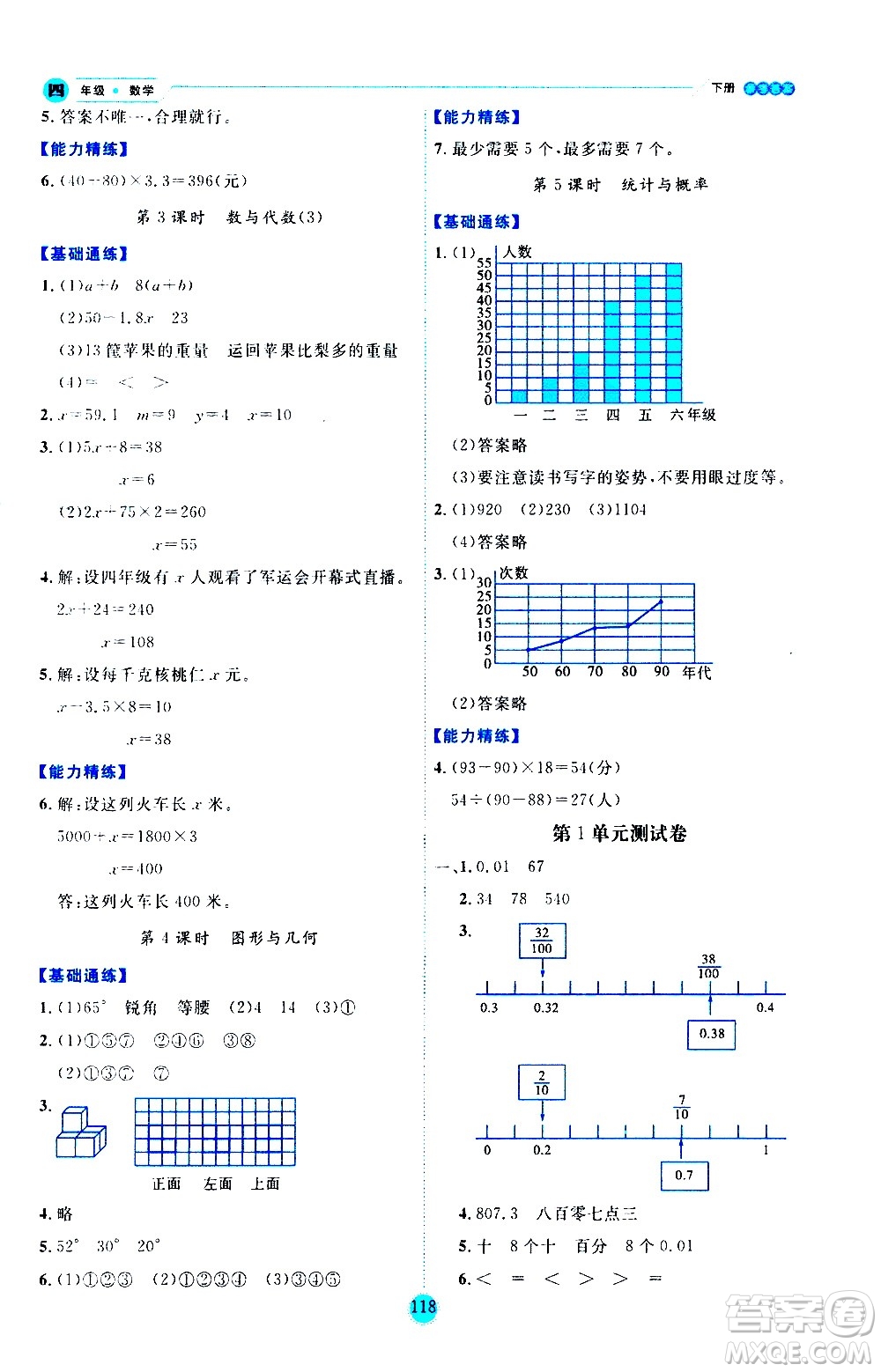 延邊人民出版社2021優(yōu)秀生作業(yè)本情景式閱讀型練習(xí)冊四年級數(shù)學(xué)下冊人教版答案