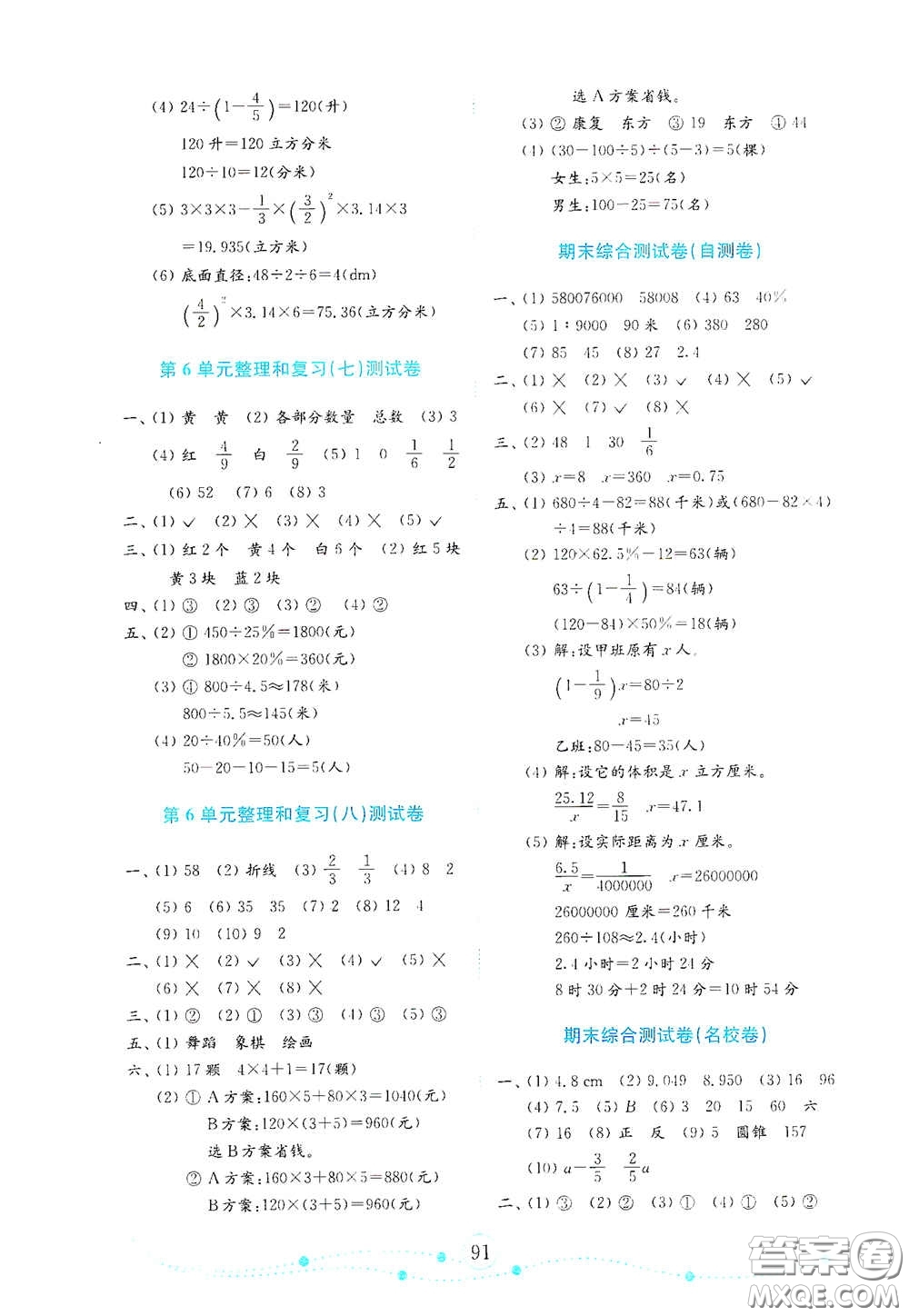 山東教育出版社2021金版小學(xué)數(shù)學(xué)試卷金鑰匙六年級下冊人教版山東專用答案