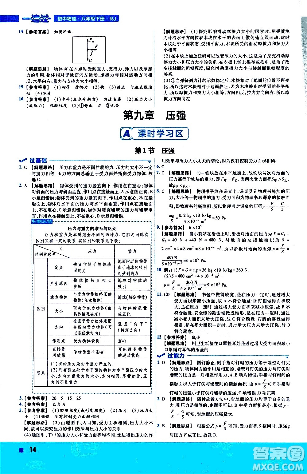 南京師范大學出版社2021版一遍過初中物理八年級下冊RJ人教版答案