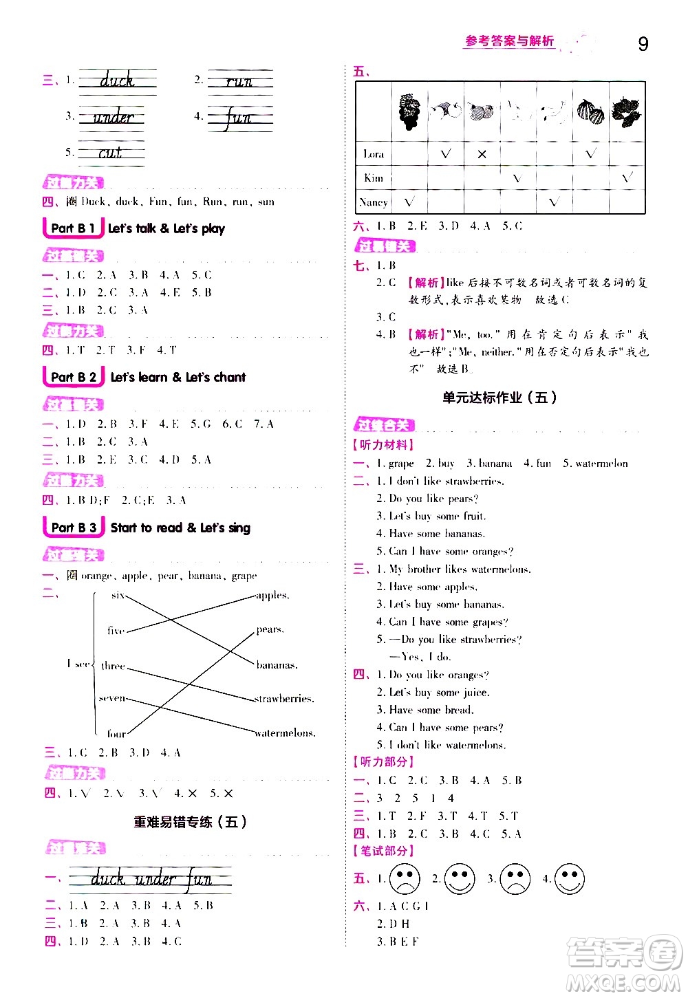 南京師范大學(xué)出版社2021春季一遍過小學(xué)英語三年級下冊RP人教版答案