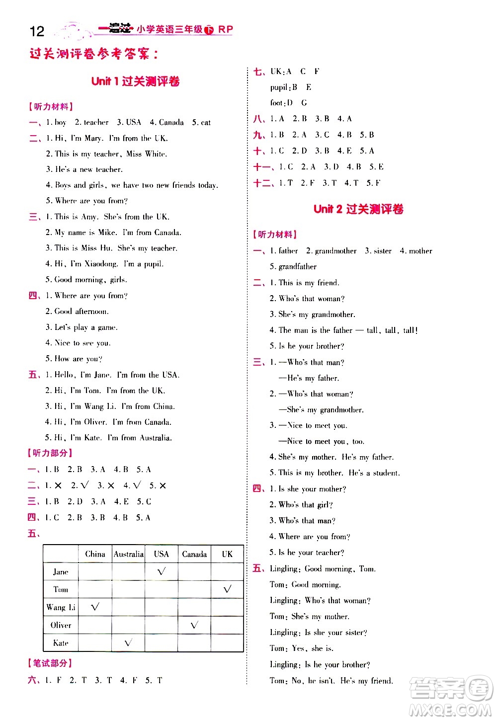 南京師范大學(xué)出版社2021春季一遍過小學(xué)英語三年級下冊RP人教版答案