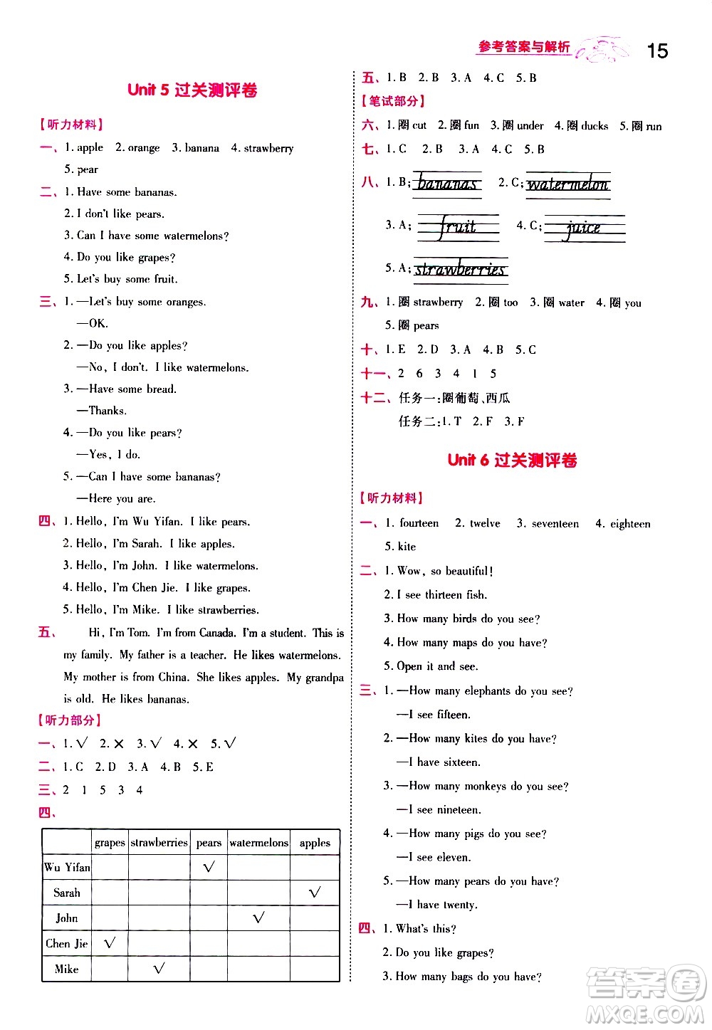 南京師范大學(xué)出版社2021春季一遍過小學(xué)英語三年級下冊RP人教版答案