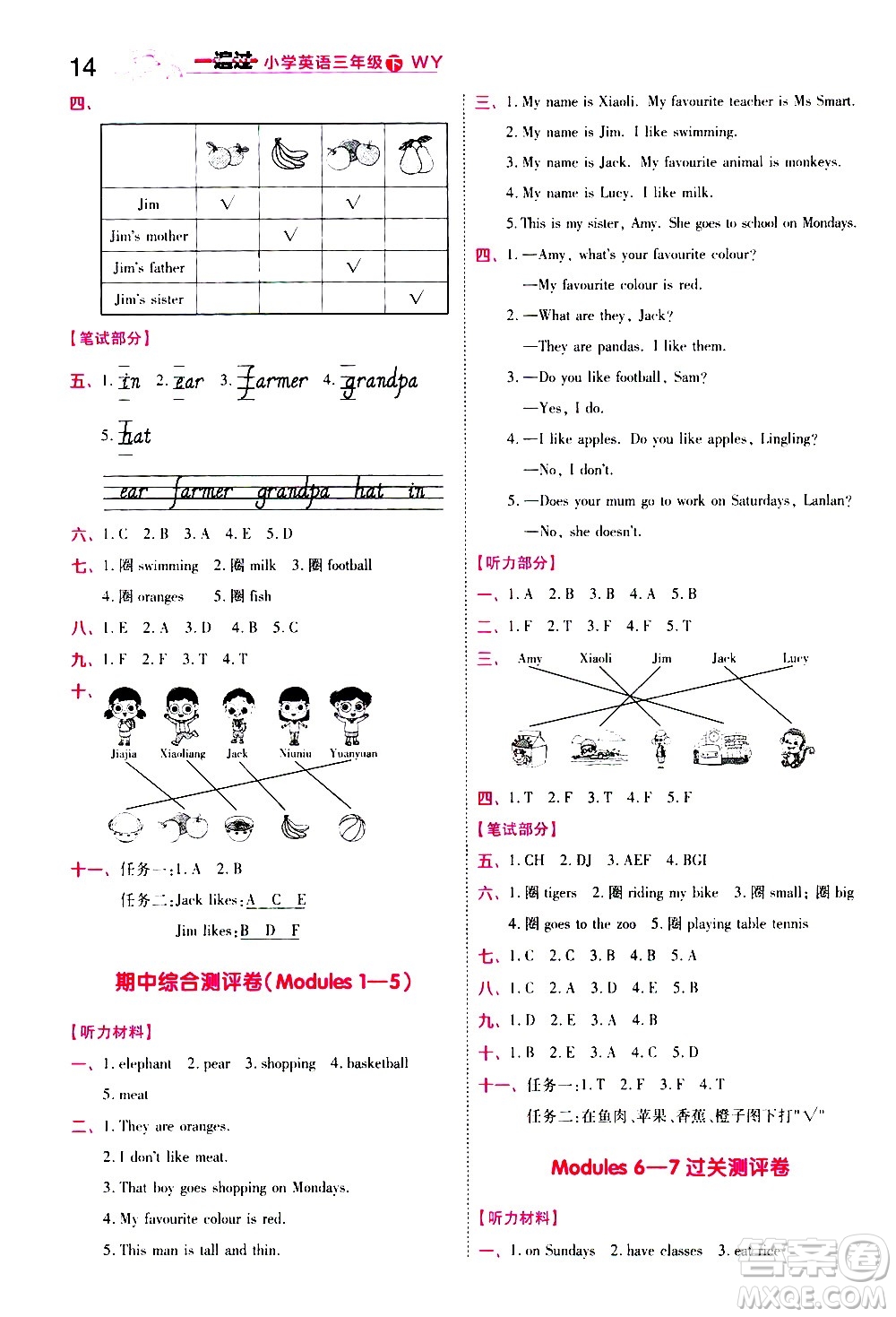 南京師范大學(xué)出版社2021春季一遍過(guò)小學(xué)英語(yǔ)三年級(jí)下冊(cè)WY外研版答案